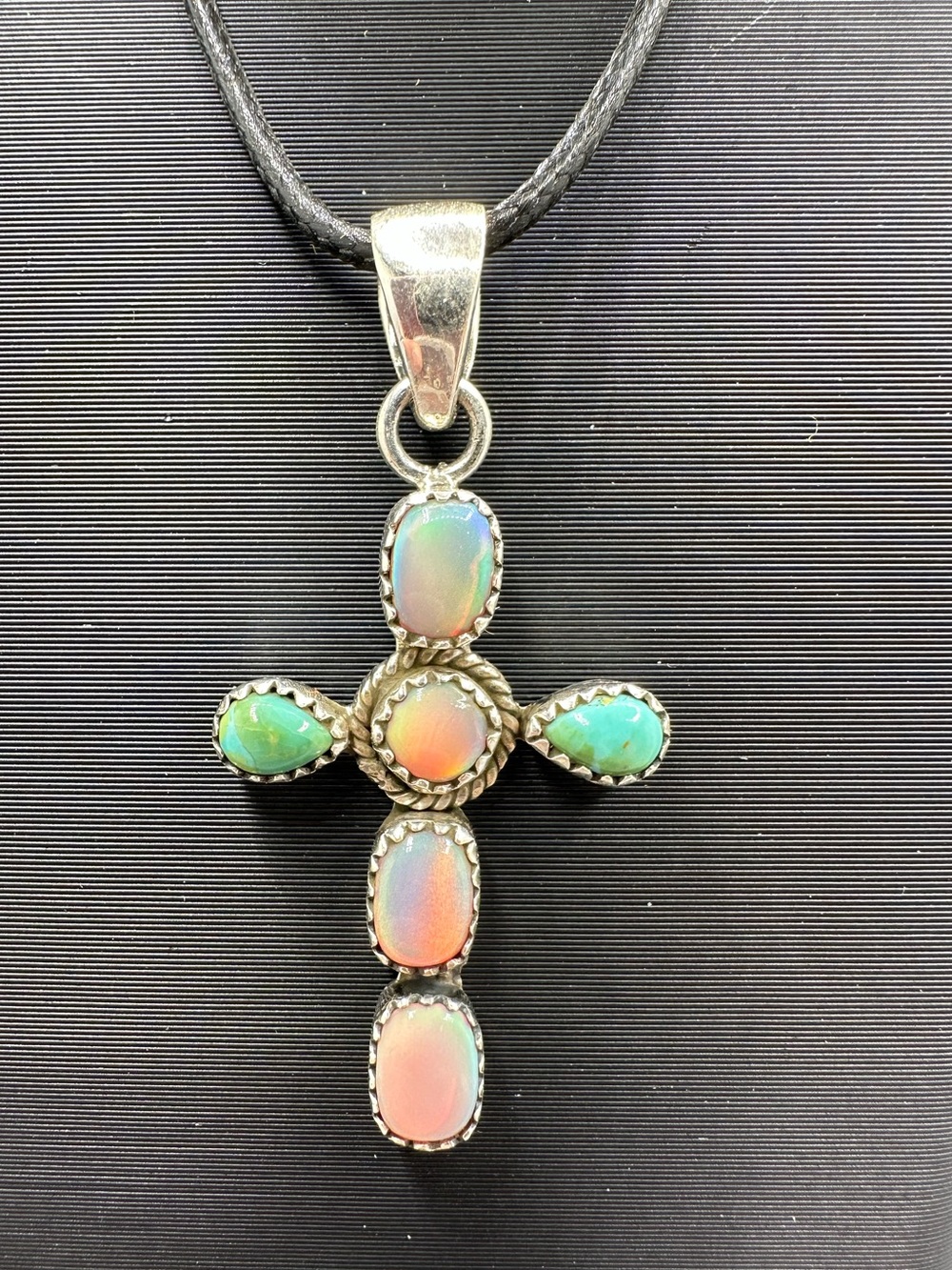 Aurora Opal & Turquoise Sterling Silver 925 Cross Necklace Pendant Handmade